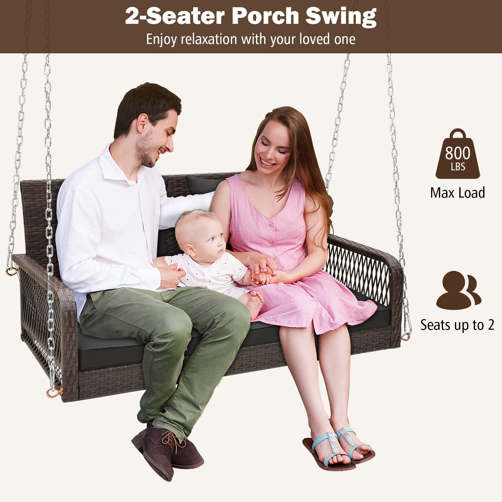 Patio Wicker Porch Swing 2-Person Hanging Loveseat Bench Chair w/ Cushions - Picture 10 of 14