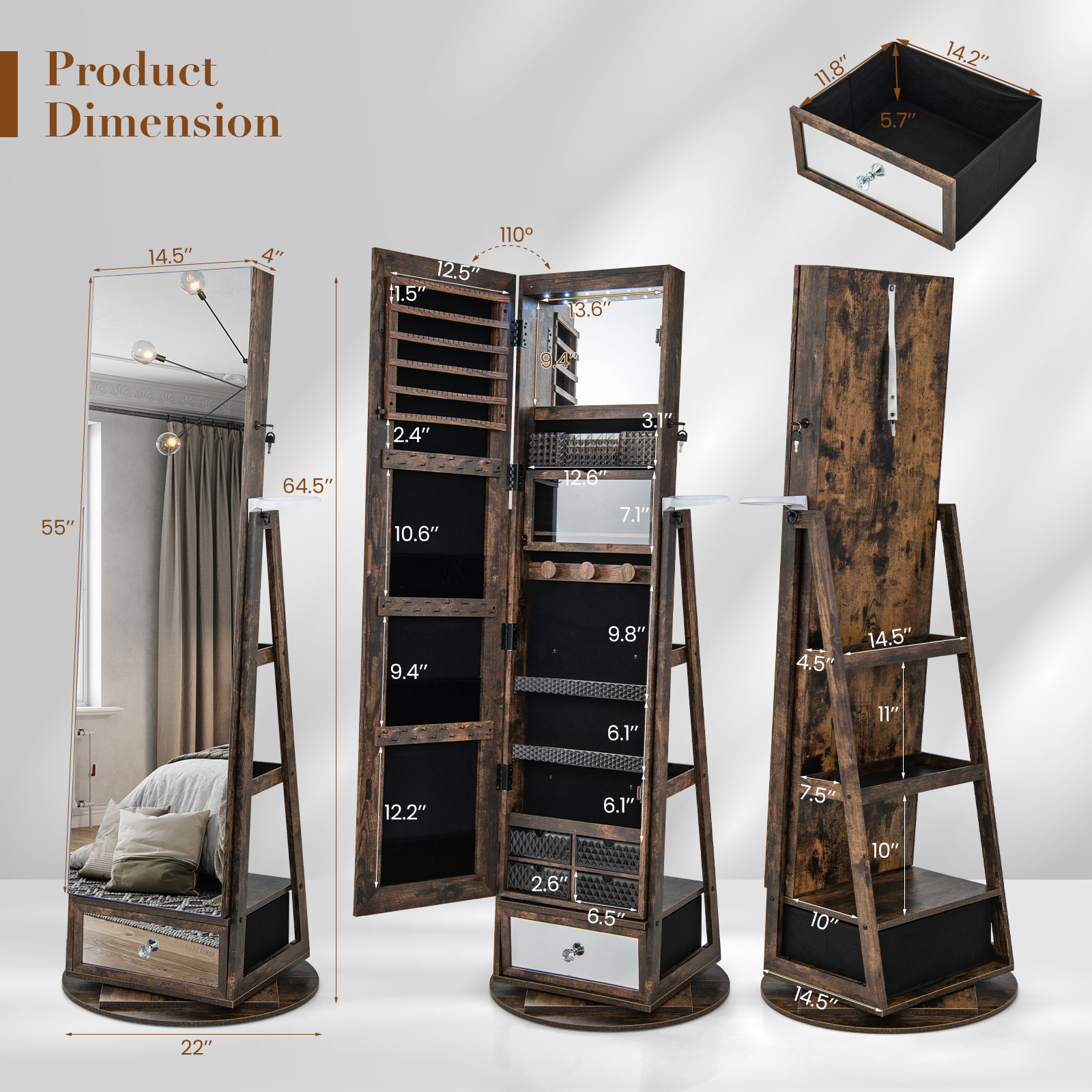 Gabinete de joyería con luz LED giratoria 360° con espejo de longitud completa y estantes de almacenamiento - Imagen 11 de 27