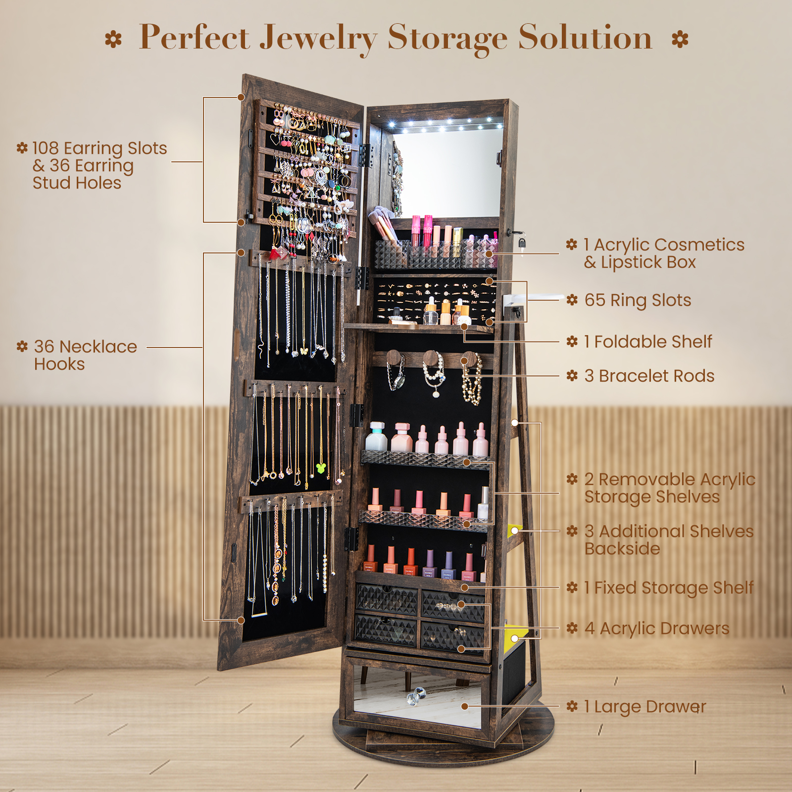 Gabinete de joyería con luz LED giratoria 360° con espejo de longitud completa y estantes de almacenamiento - Imagen 15 de 27