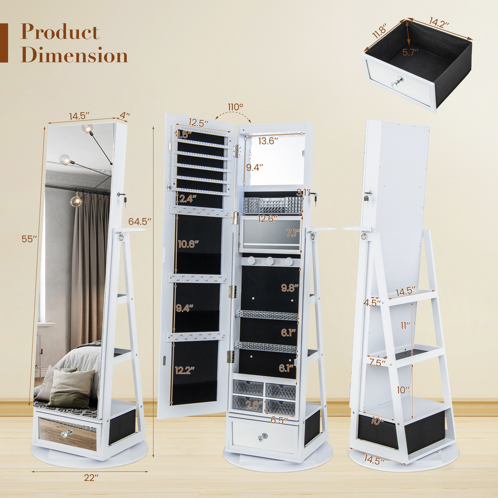 Gabinete de joyería con luz LED giratoria 360° con espejo de longitud completa y estantes de almacenamiento - Imagen 20 de 27
