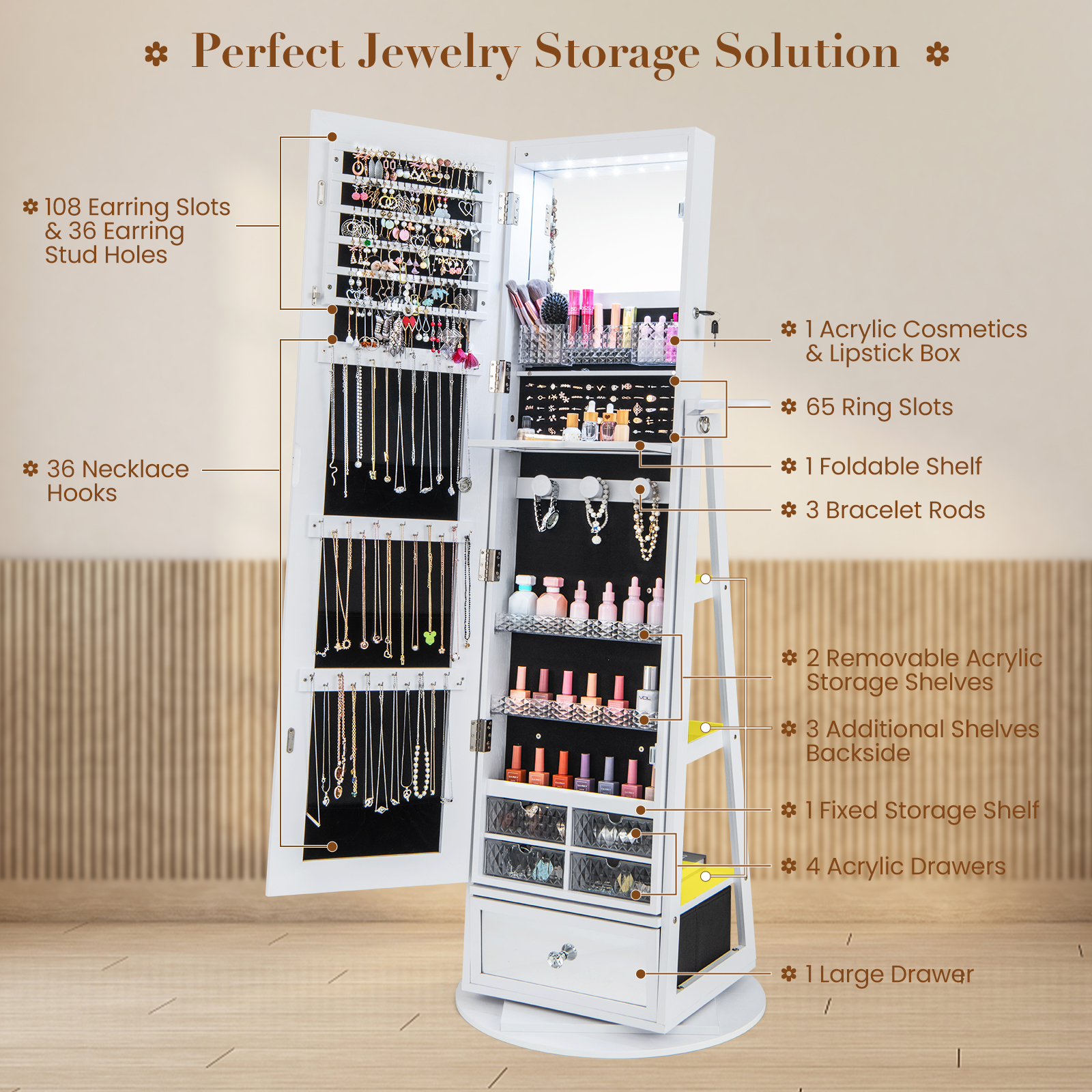 Gabinete de joyería con luz LED giratoria 360° con espejo de longitud completa y estantes de almacenamiento - Imagen 24 de 27