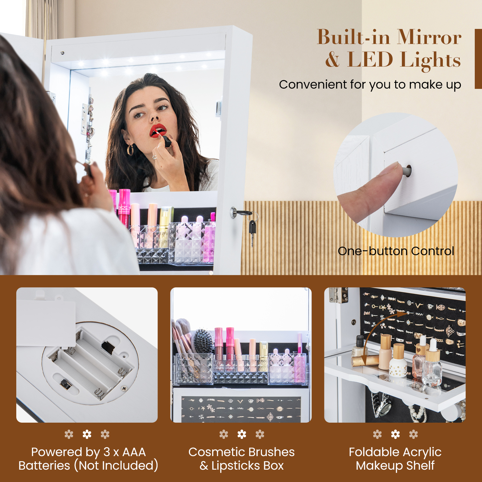 Gabinete de joyería con luz LED giratoria 360° con espejo de longitud completa y estantes de almacenamiento - Imagen 25 de 27