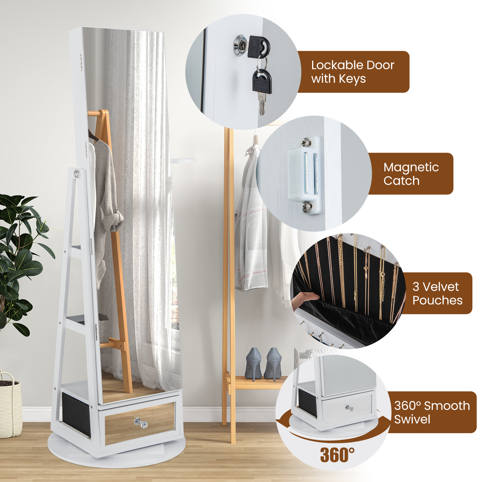 Gabinete de joyería con luz LED giratoria 360° con espejo de longitud completa y estantes de almacenamiento - Imagen 27 de 27