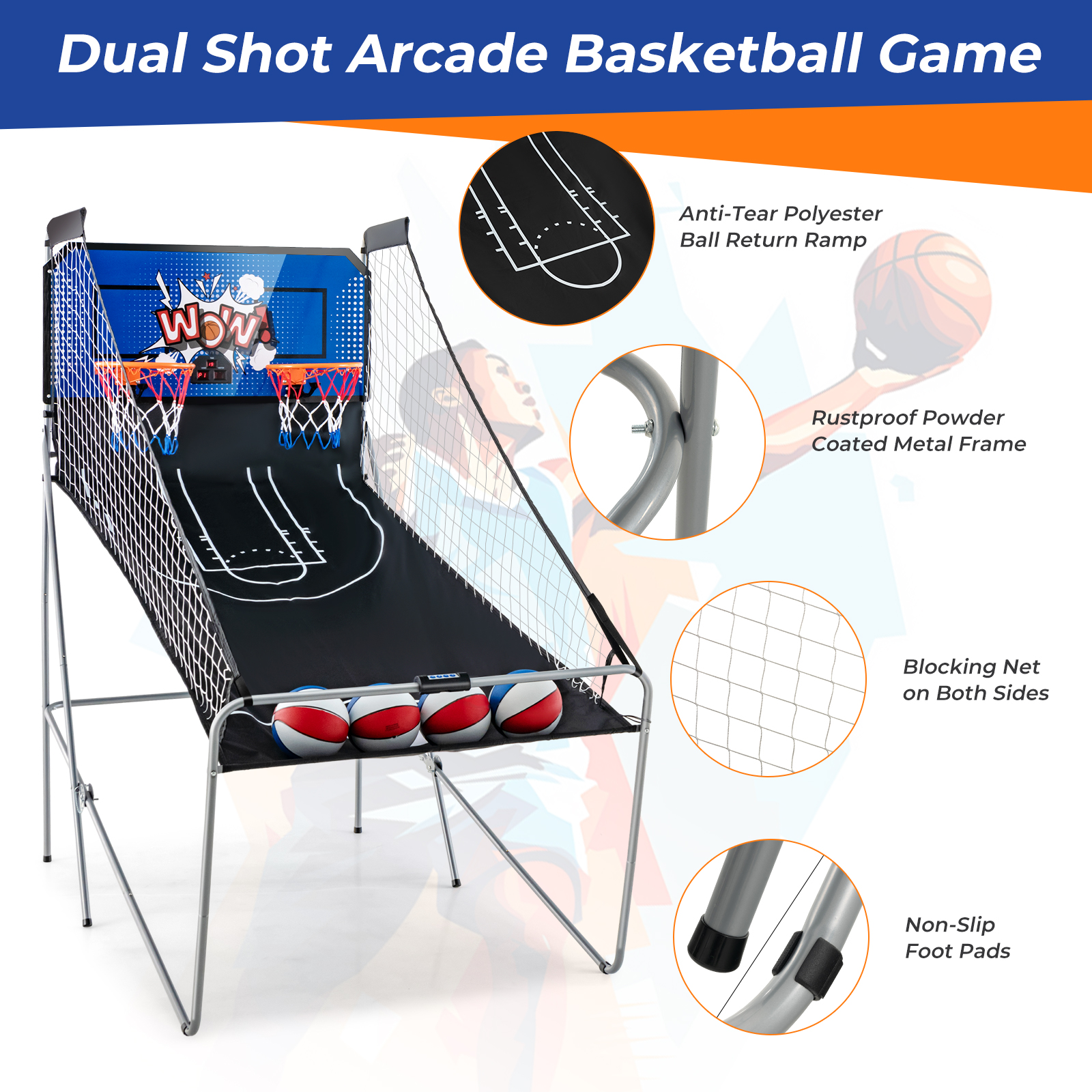 Dual Shot Basketball Arcade Spiel mit 4 Bällen elektronische Wertung blau - Bild 9 von 10