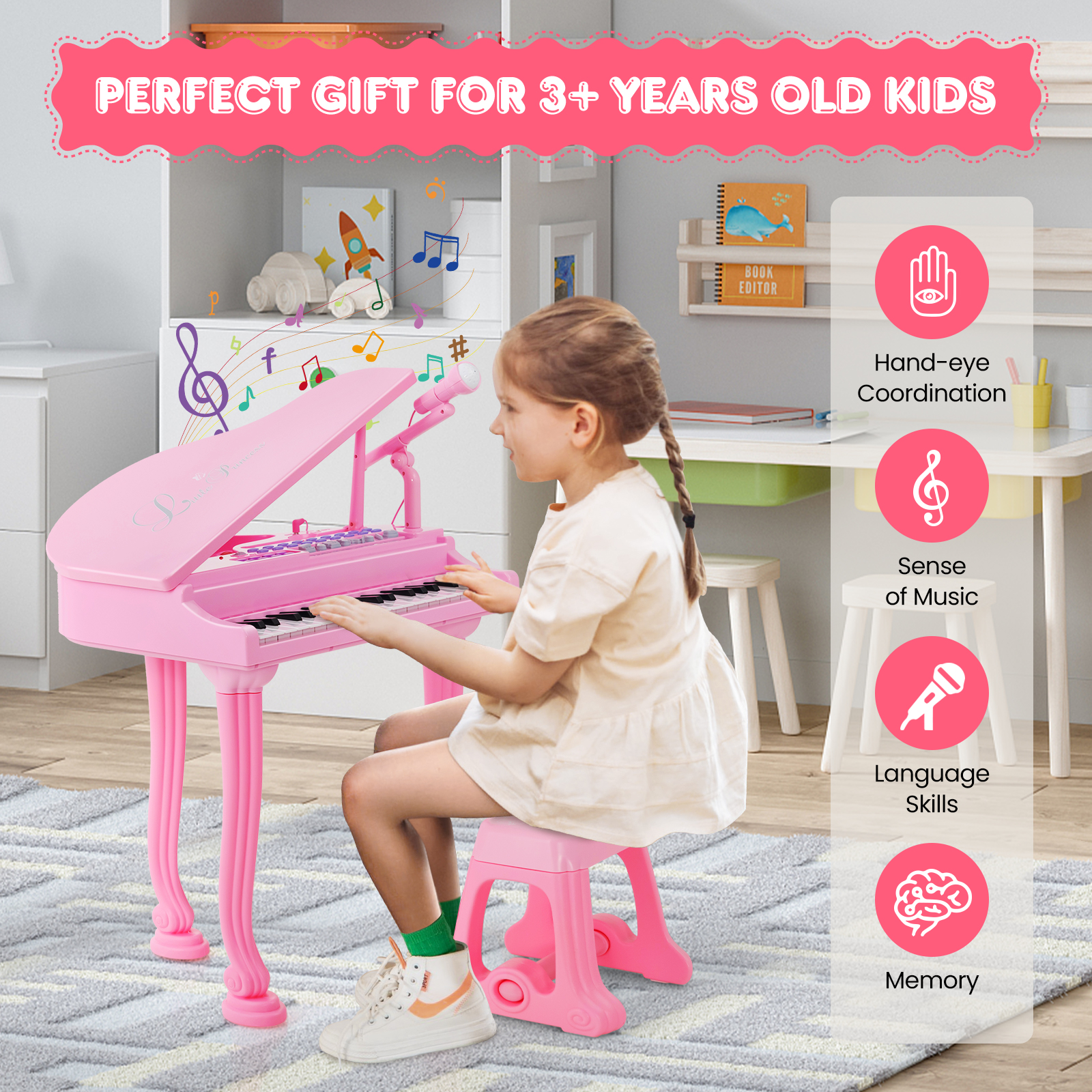 37 Tasten Kinder Klavier Keyboard Spielzeug Kleinkind Musikinstrument mit Mikrofon & Hocker - Bild 6 von 8