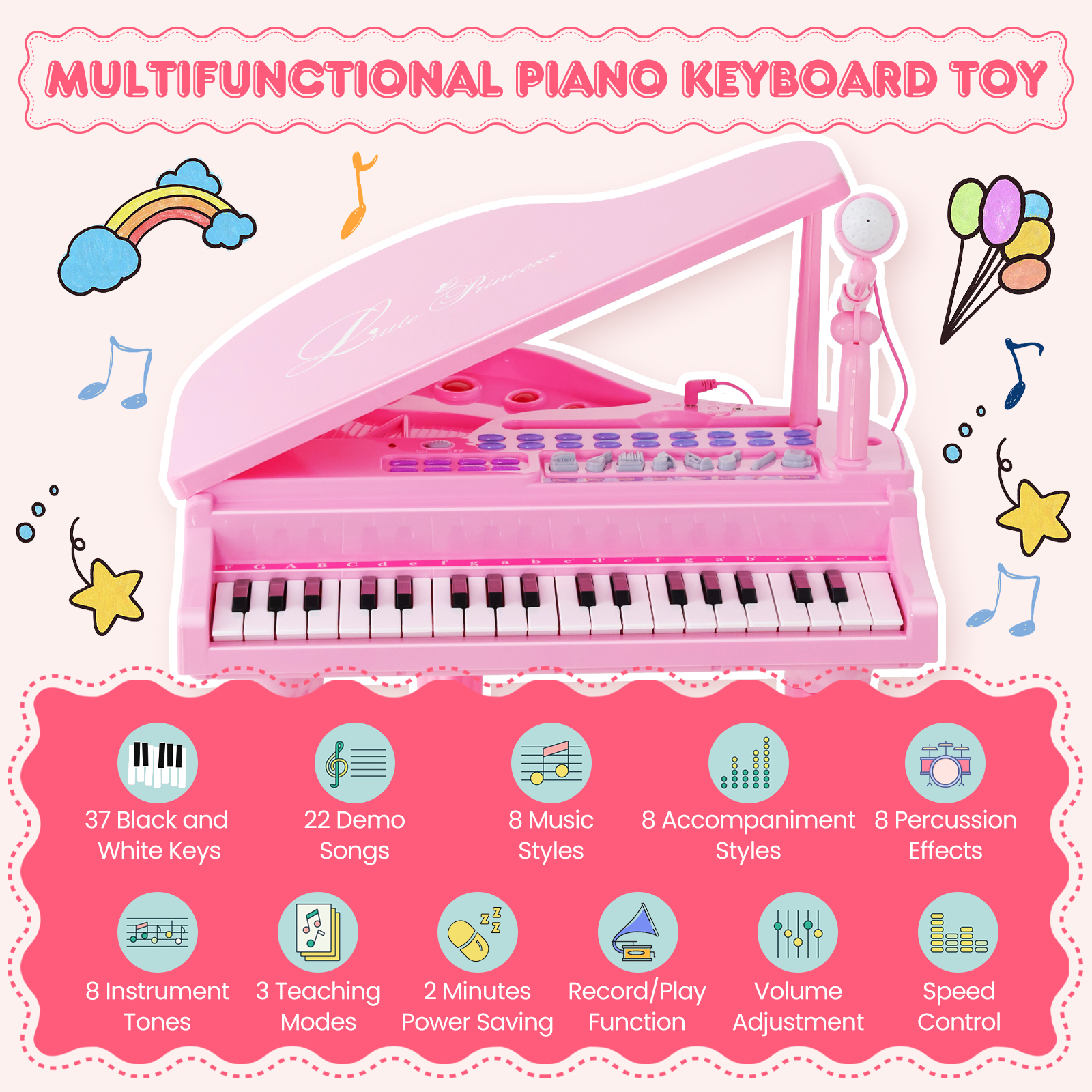 37 Tasten Kinder Klavier Keyboard Spielzeug Kleinkind Musikinstrument mit Mikrofon & Hocker - Bild 8 von 8