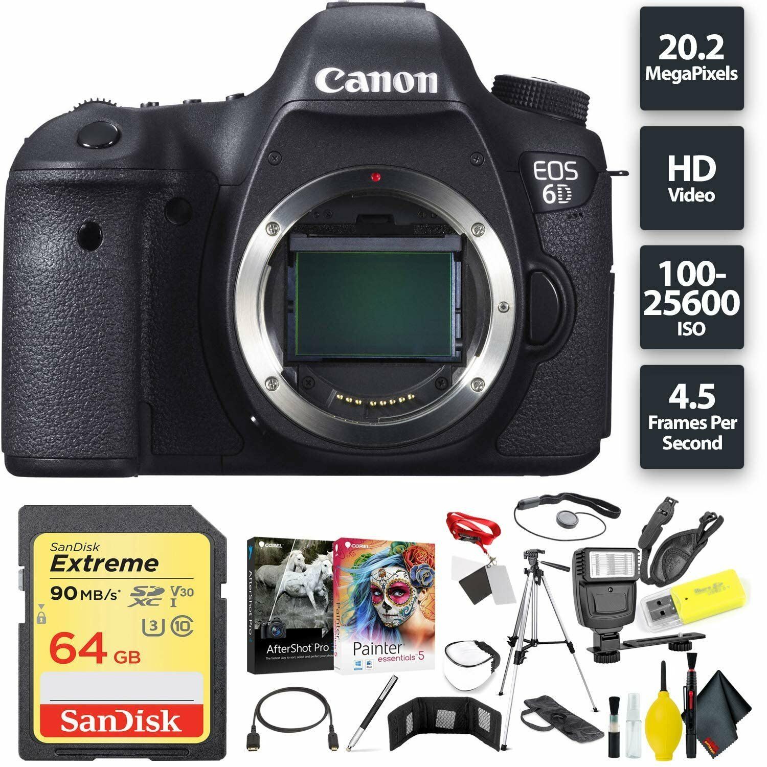 Canon EOS 6D DSLR Camera (Body) + 64GB Memory Card (1x 64) Base Combo