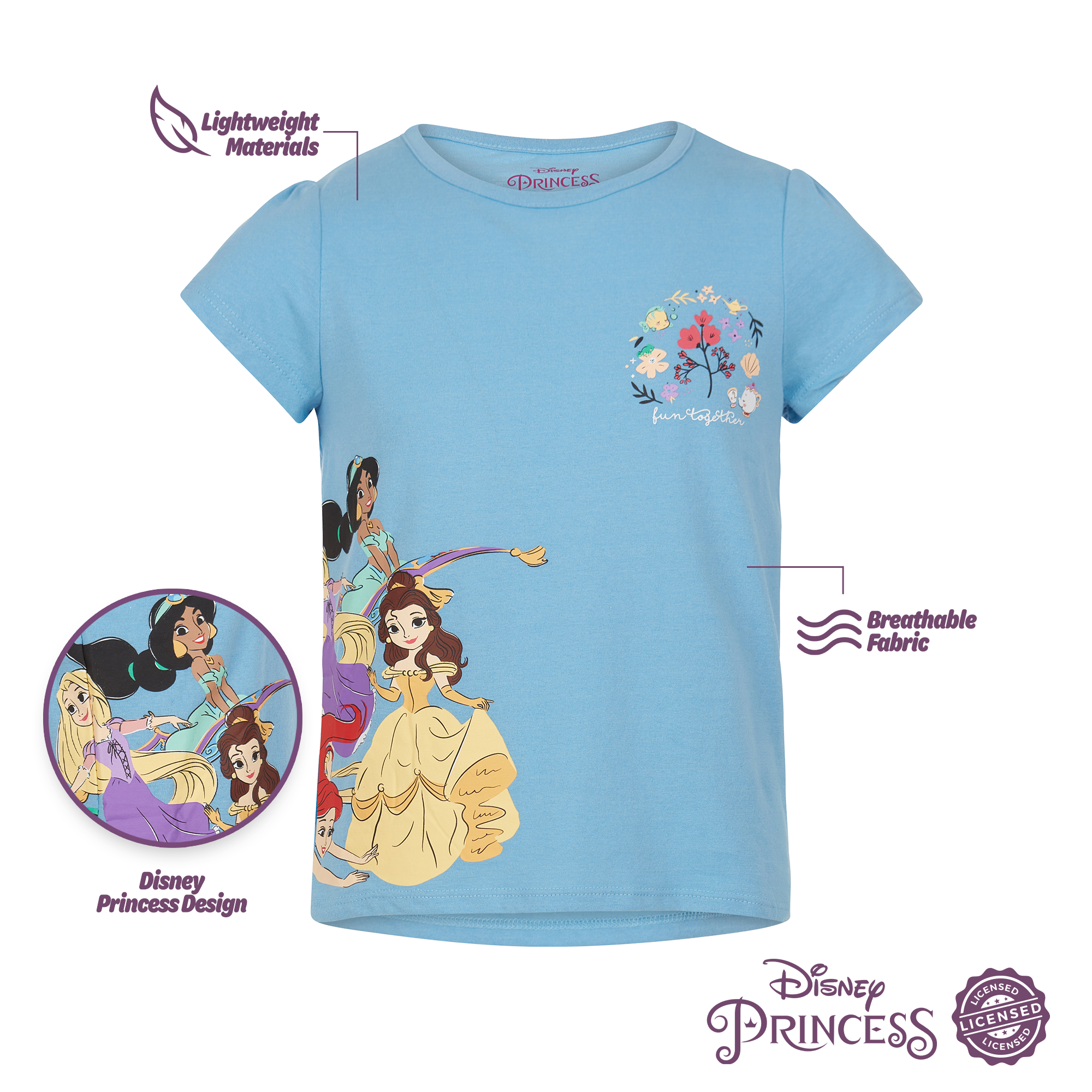 Disney Girls' Princess T-Shirts 4 Pack Short Sleeve Graphic Tee - Picture 10 of 31