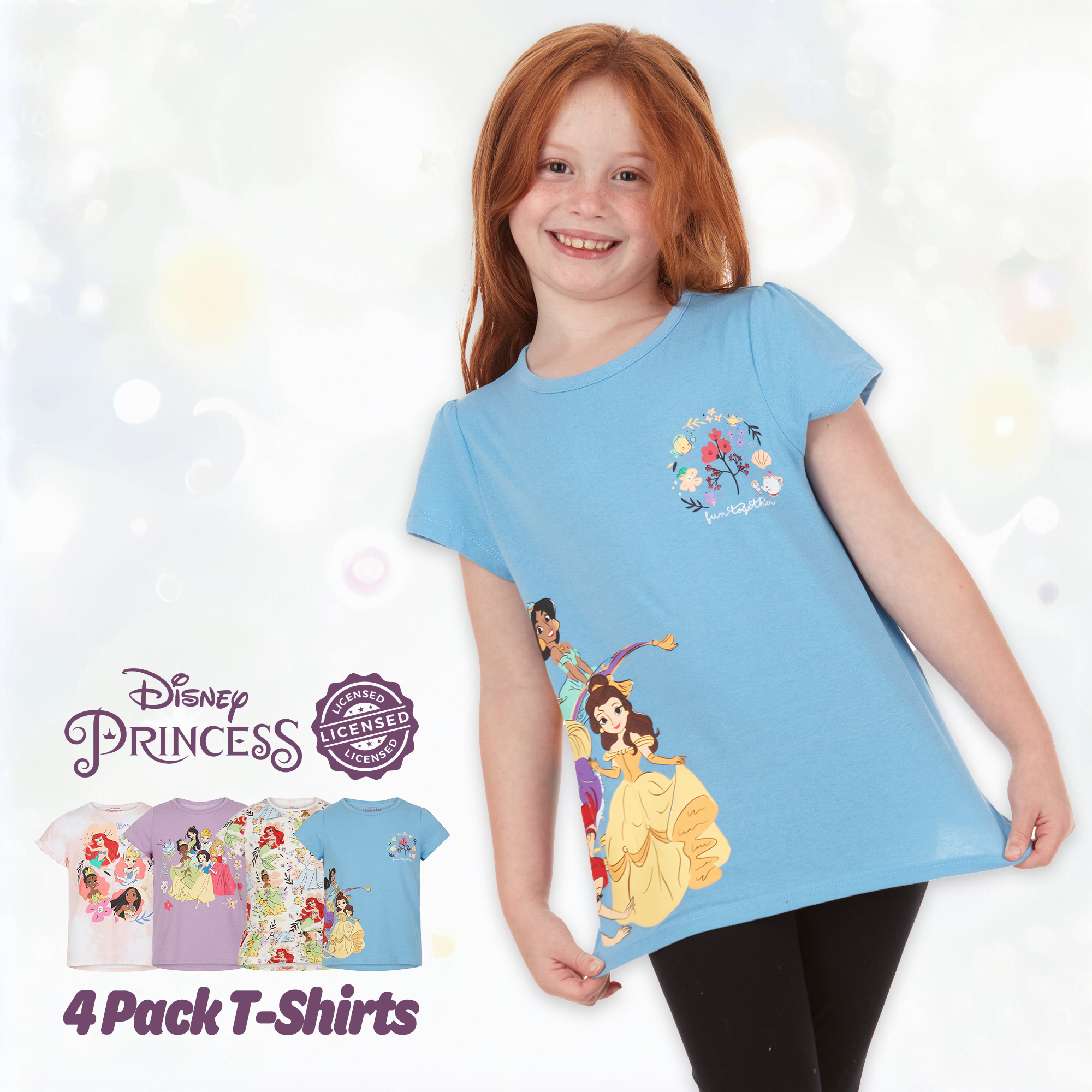 Disney Girls' Princess T-Shirts 4 Pack Short Sleeve Graphic Tee - Picture 11 of 31