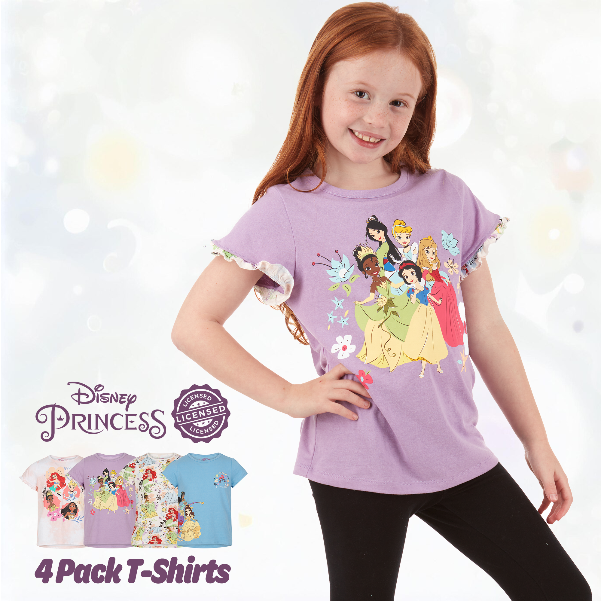 Disney Girls' Princess T-Shirts 4 Pack Short Sleeve Graphic Tee - Picture 13 of 31