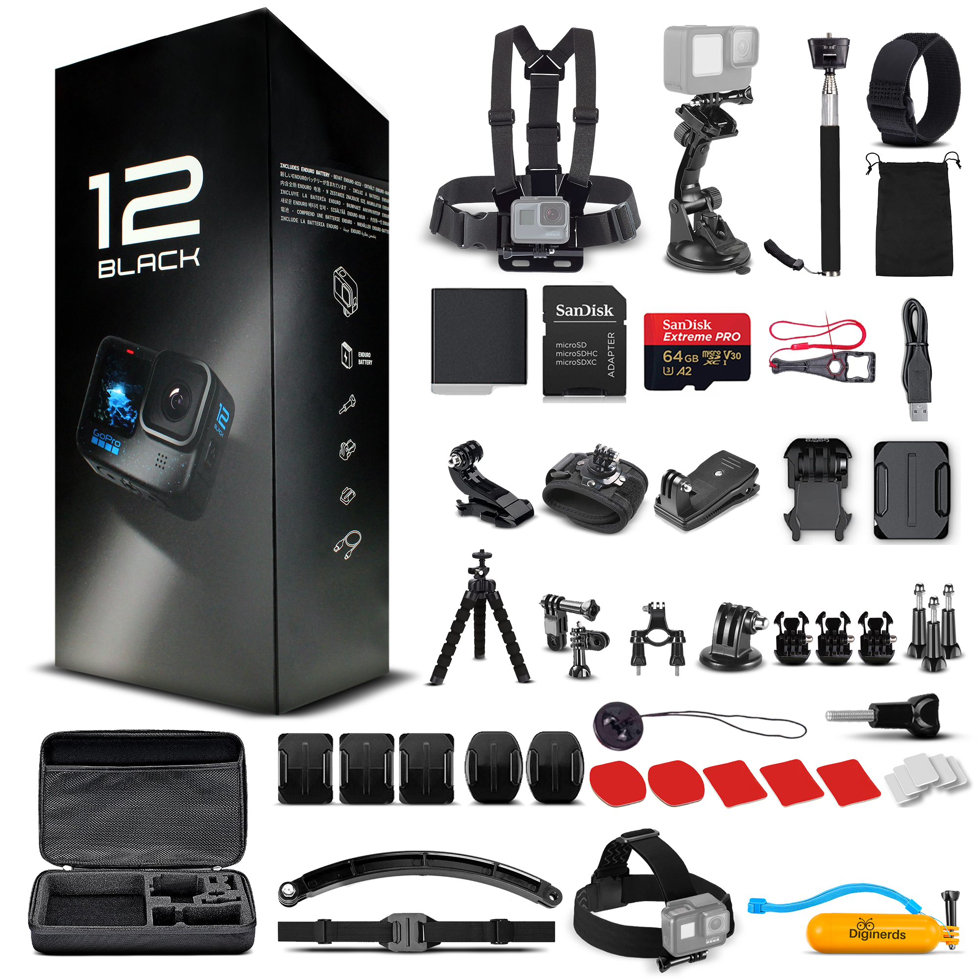 GoPro HERO12 – Waterproof Action Camera + 64GB Card and 50 Piece Accessory Kit