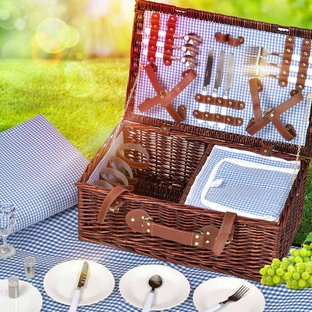 Picnic Basket 2/4 Person Insulated Baskets Set Wicker Outdoor Blanket