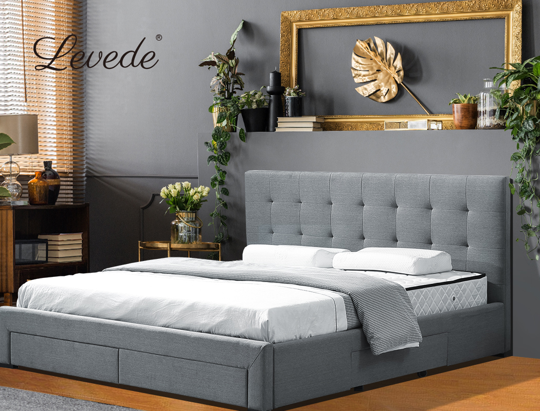 Levede Wooden Bed Frame Double Queen King Fabric Storage Mattress Base Gas Lift - Picture 102 of 159