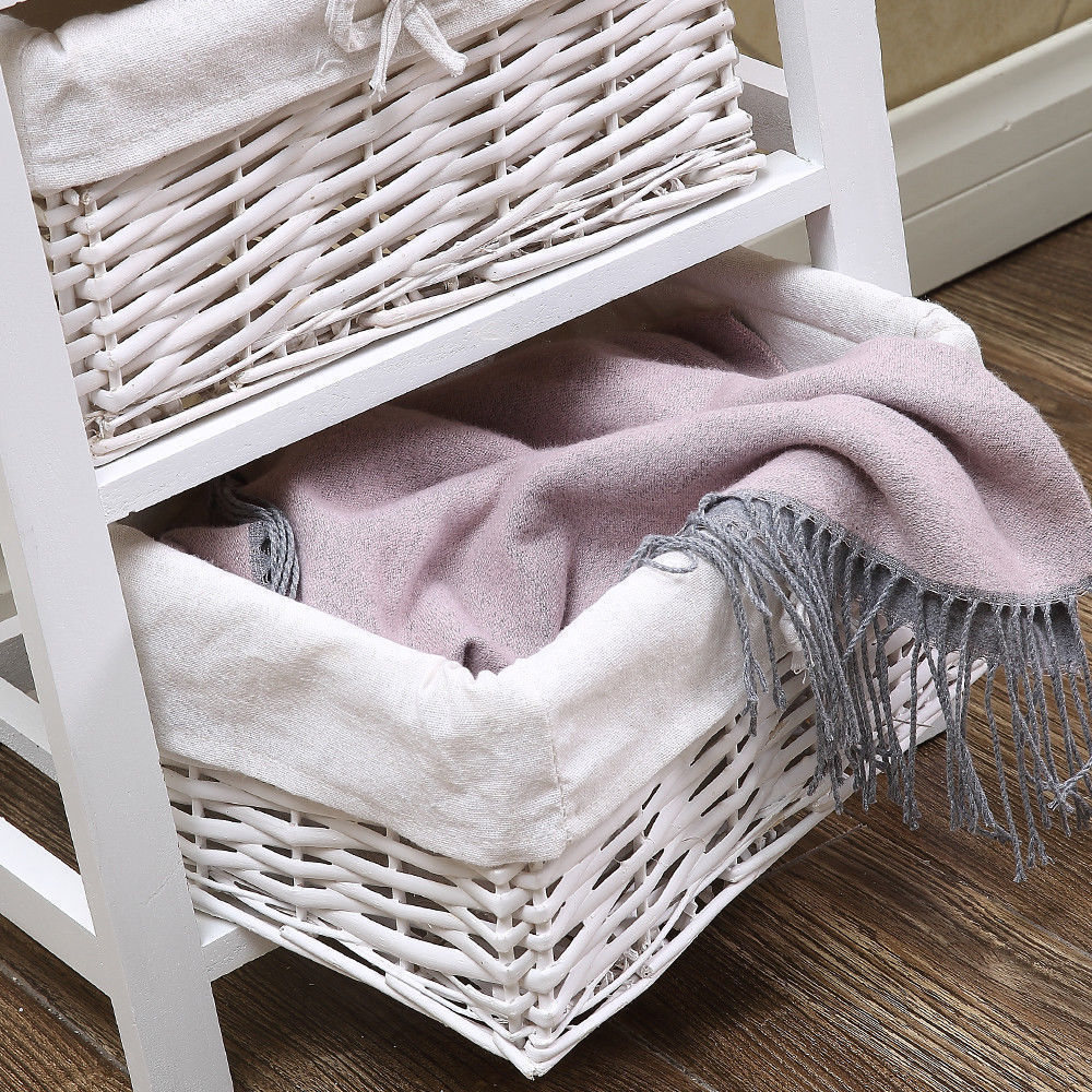 White Bedside Tables Wood Drawer Wicker Storage with Baskets