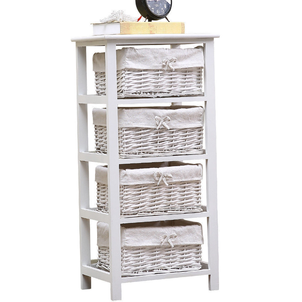 White Bedside Tables Wood Drawer Wicker Storage with Baskets