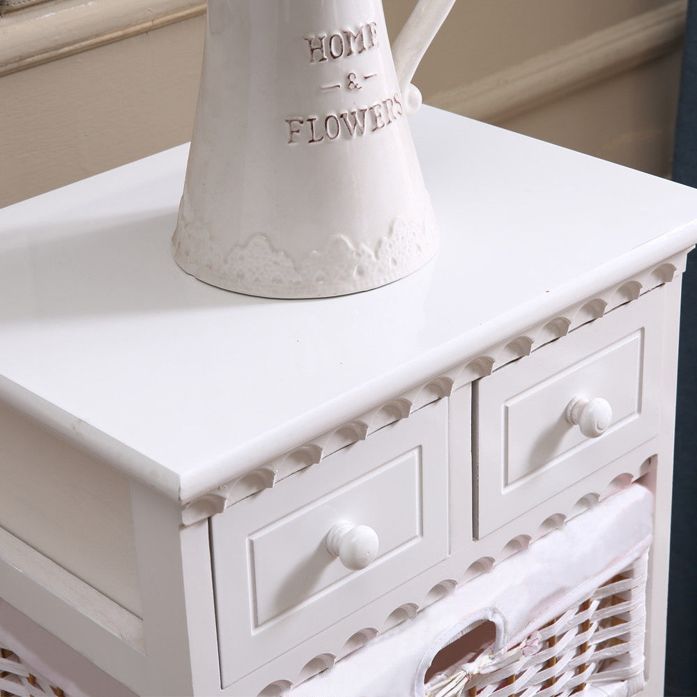 White Bedside Tables Wood Drawer Wicker Storage with Baskets Bedroom New eBay