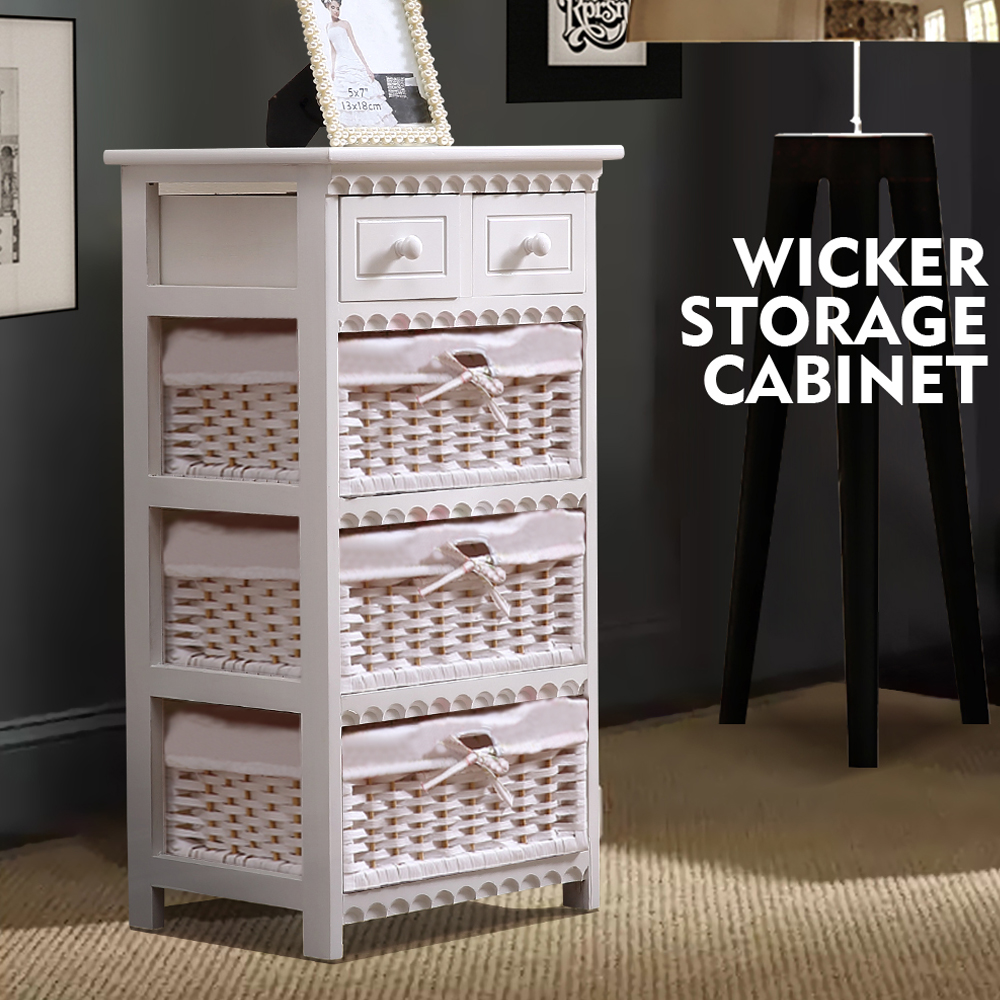 White Bedside Tables Wood Drawer Wicker Storage with Baskets
