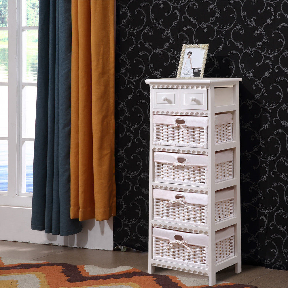 White Bedside Tables Wood Drawer Wicker Storage with Baskets