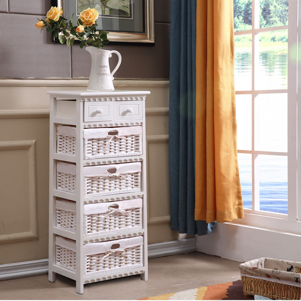White Bedside Tables Wood Drawer Wicker Storage with Baskets