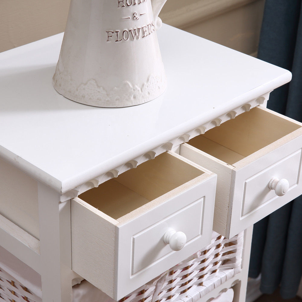 White Bedside Tables Wood Drawer Wicker Storage with Baskets