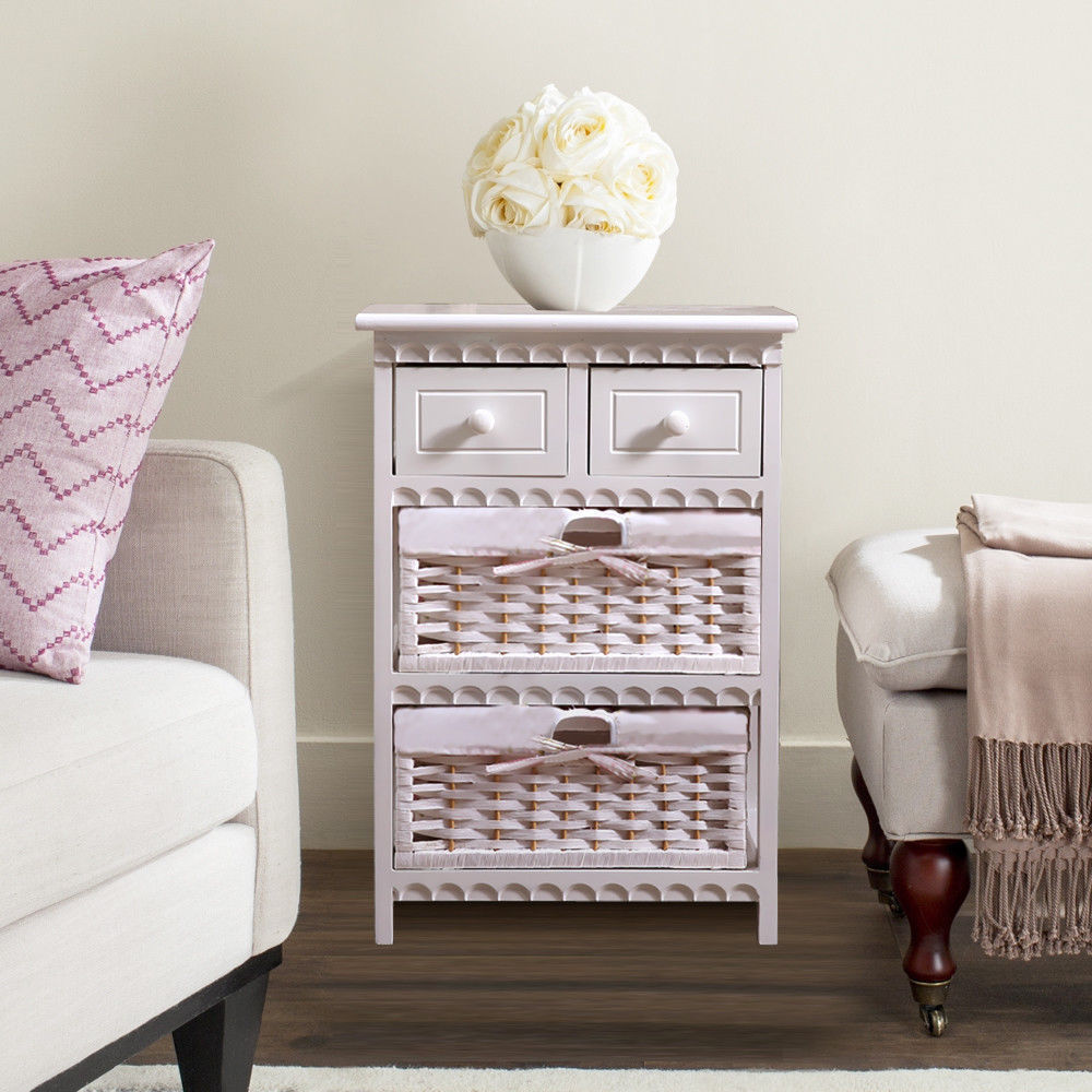 White Bedside Tables Wood Drawer Wicker Storage with Baskets Bedroom New eBay