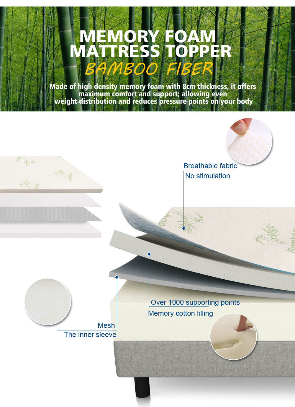DreamZ Memory Foam Mattress Topper Bamboo Cover 8CM Underlay Mat Queen King All eBay