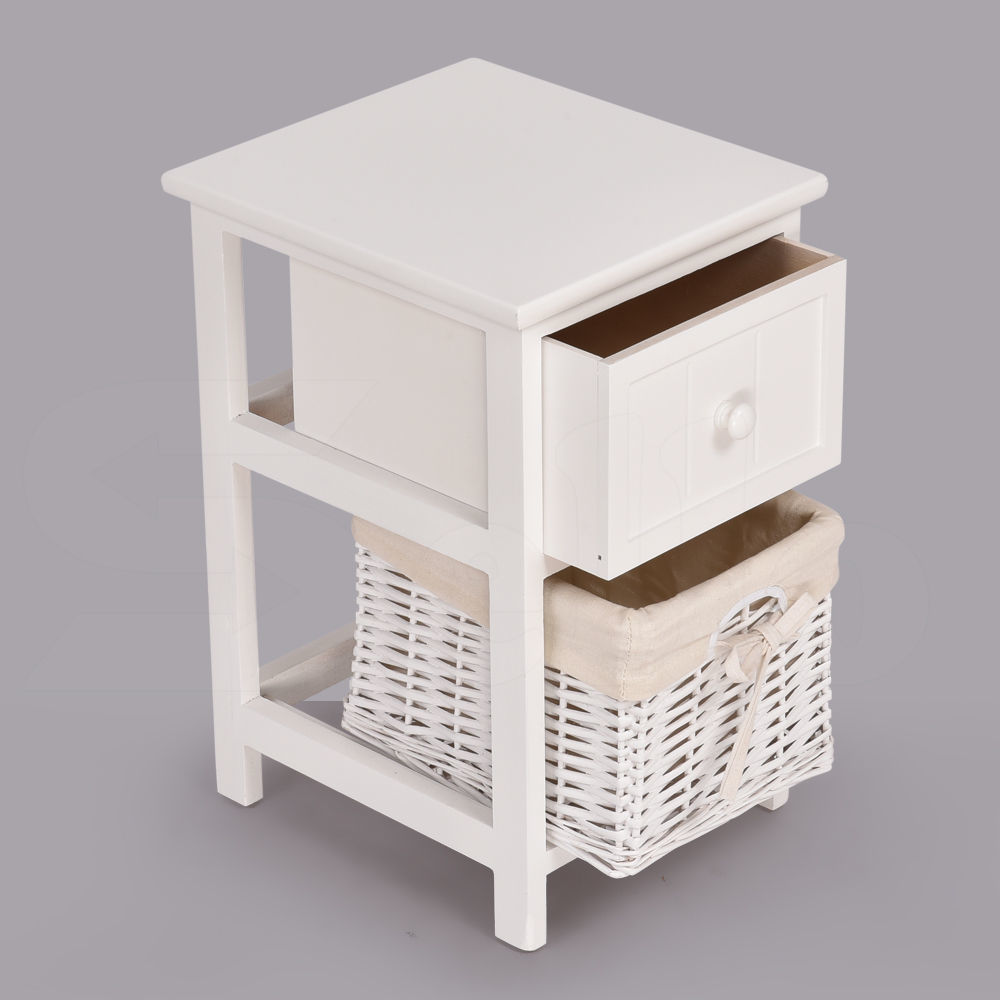 White Bedside Tables Wood Drawer Wicker Storage with Baskets