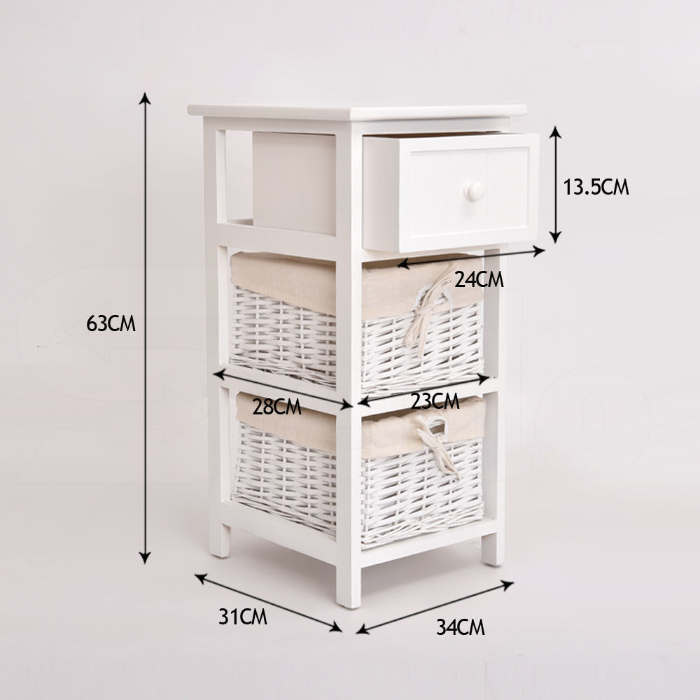 White Bedside Tables Wood Drawer Wicker Storage with Baskets Bedroom New eBay