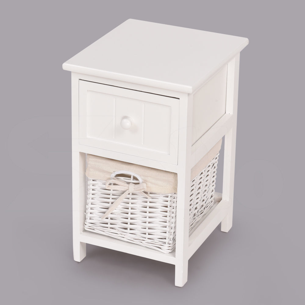 White Bedside Tables Wood Drawer Wicker Storage with Baskets