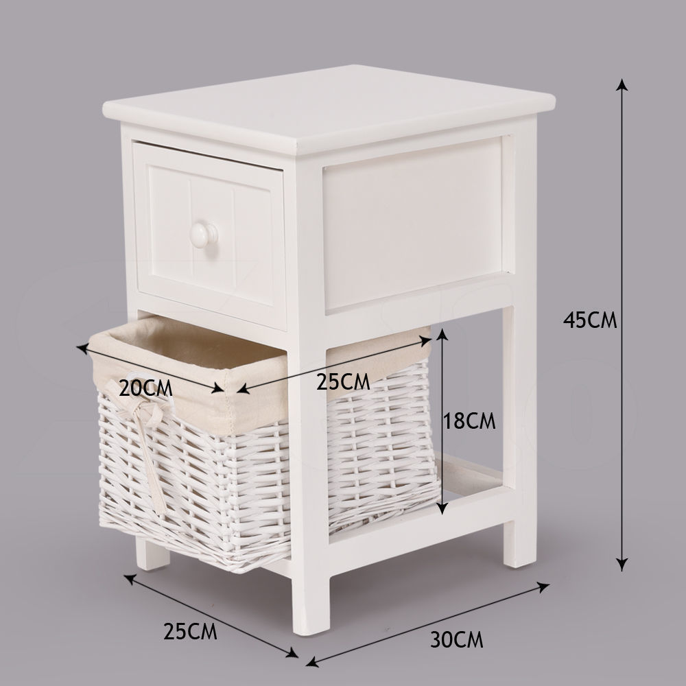 White Bedside Tables Wood Drawer Wicker Storage with Baskets