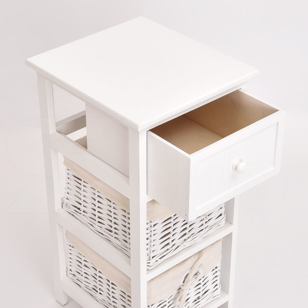 White Bedside Tables Wood Drawer Wicker Storage with Baskets