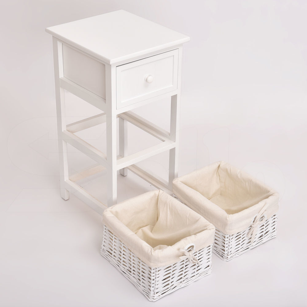 White Bedside Tables Wood Drawer Wicker Storage with Baskets
