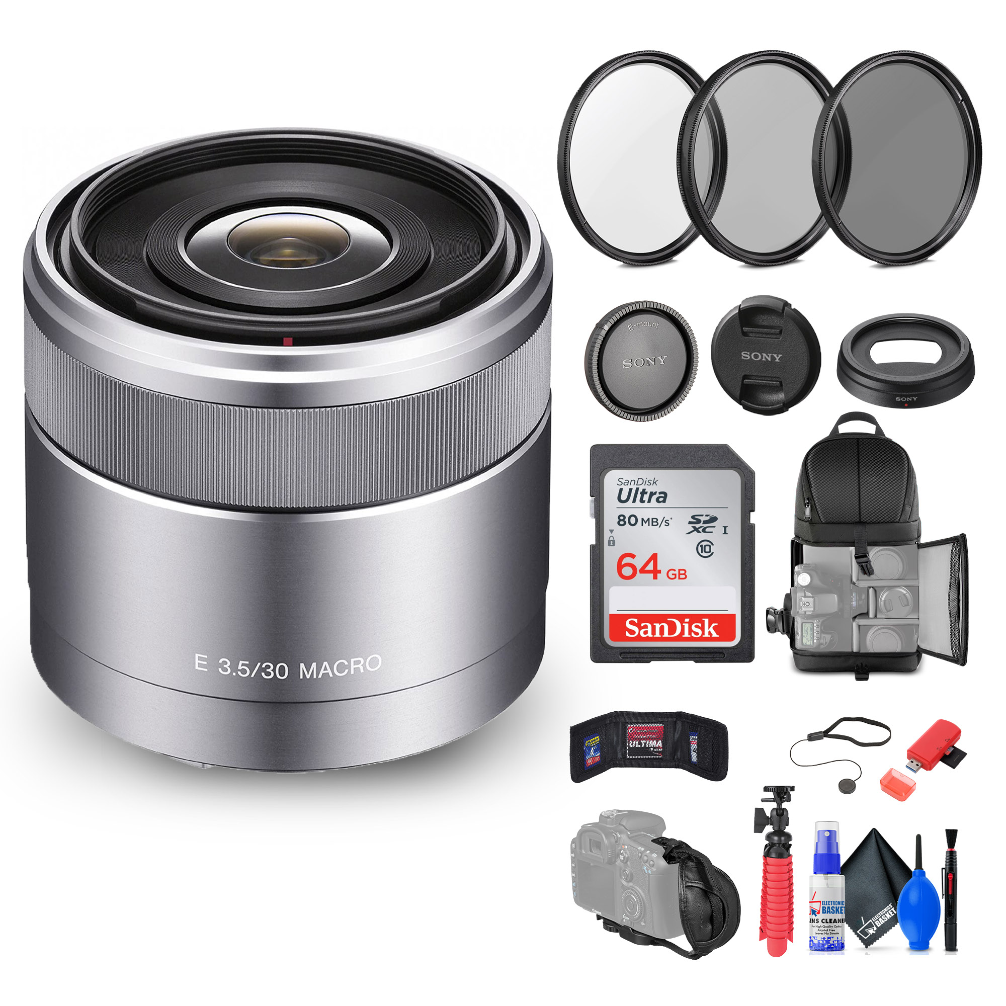 Sony E 30mm f/3.5 Macro Lens (SEL30M35) + 64GB Memory Card + More