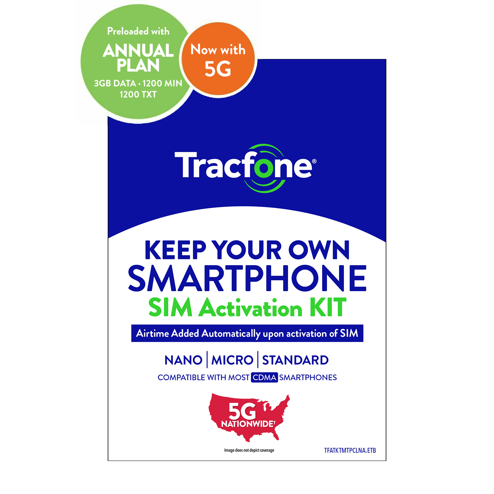SIM prépayée Tracfone + forfait 1 an 3 Go de données, 1200 min, 1200 Txt - Photo 1 sur 3