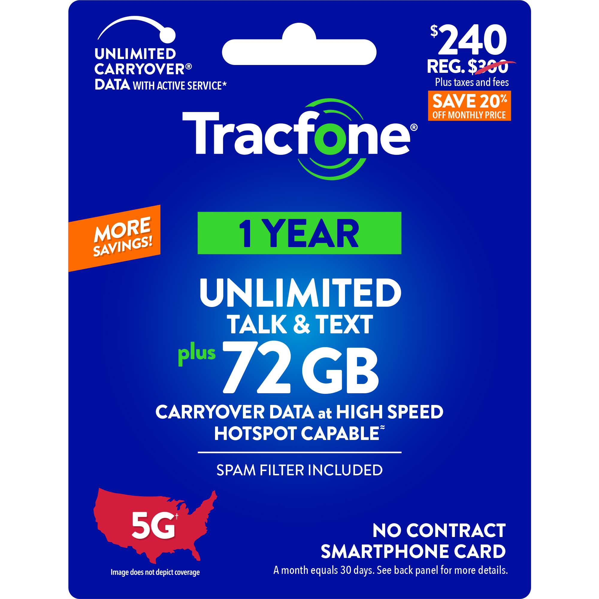 Tracfone $240 Unlimited Talk & Text, 72 GB of Data / 365 Days (Physical Card) - Afbeelding 1 van 5