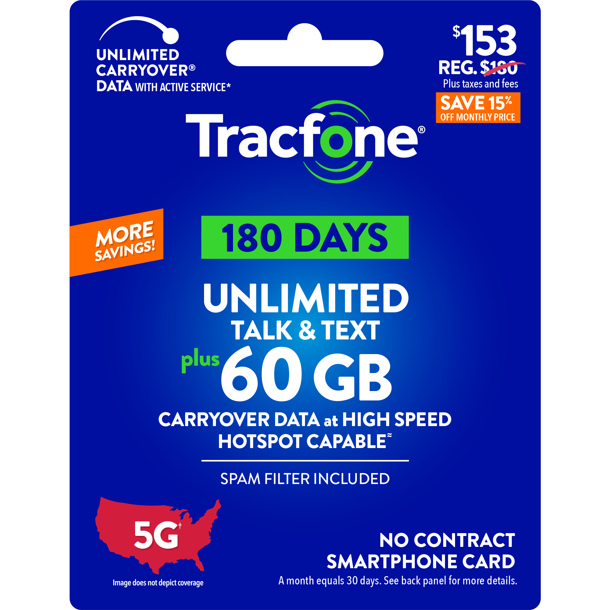 Tracfone $153 Unlimited Talk & Text, 60 GB of Data / 180 Days (Physical Card) - Afbeelding 1 van 5