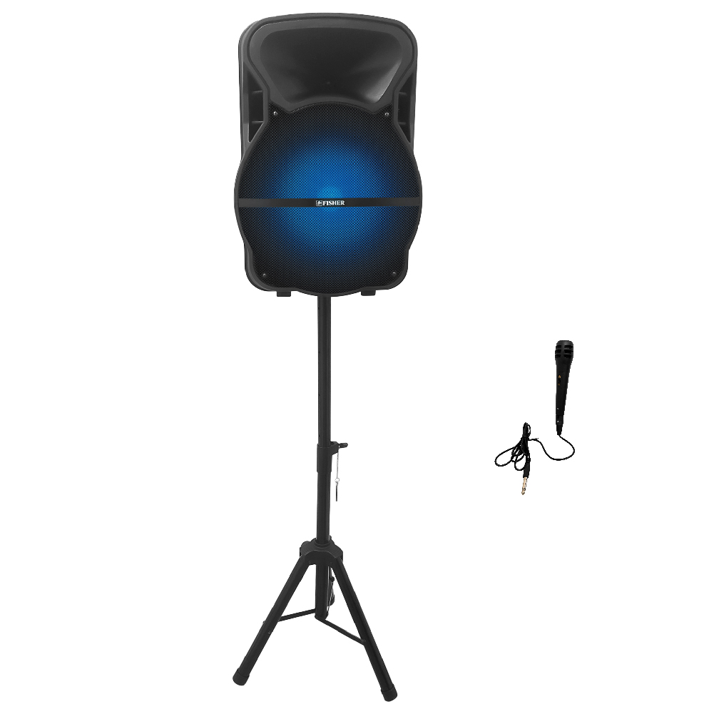 Fisher 15Inch Portable Wireless Speaker System w/ Wired Mic and Tripod