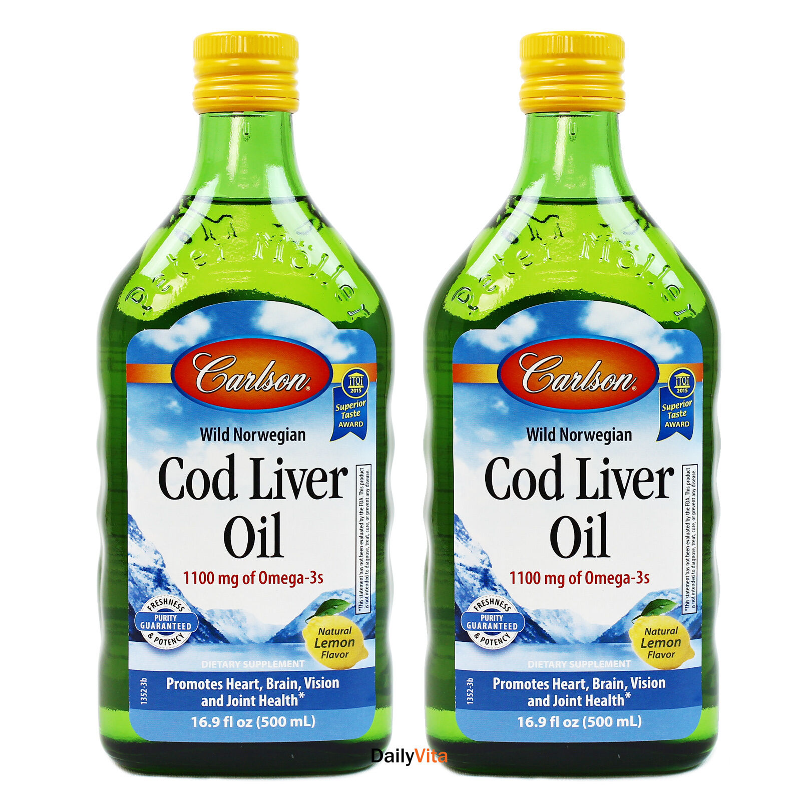 2 x Carlson Norwegian Cod Liver Oil Lemon Flavor 16.9 oz 500ml, FRESH