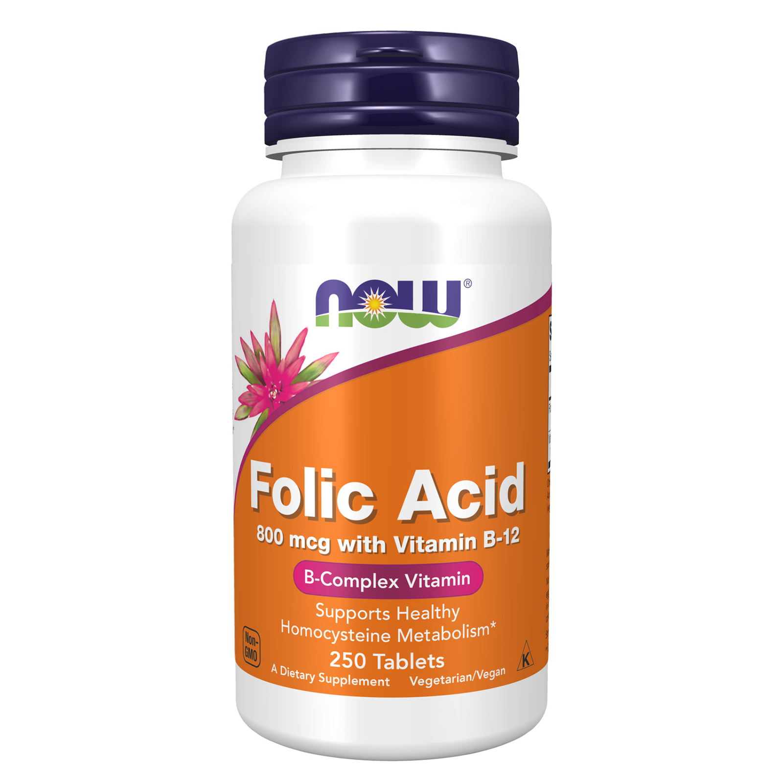 NOW Foods Folic Acid 800mcg + B12 25mcg Vegetarian 250 Tabs, FRESH