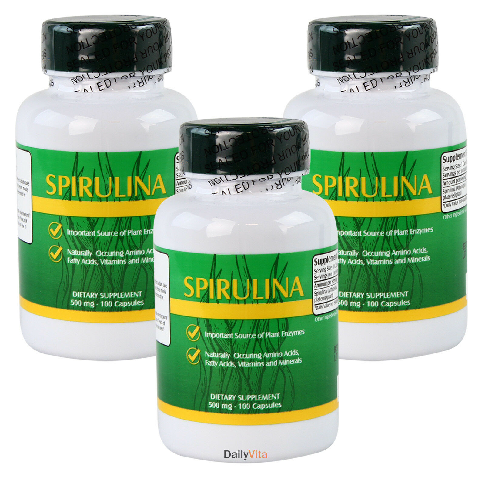 3 x Bottles Pure Spirulina 500 mg 100 Caps Green Food =300 CT FRESH