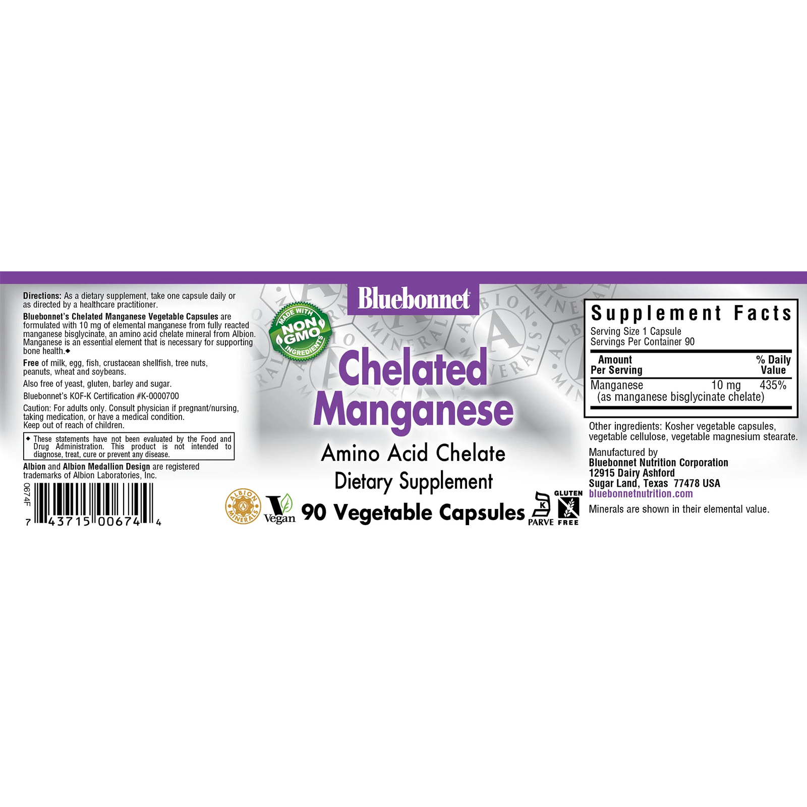 Bluebonnet Chelated Manganese 10 mg 90 Veg Capsules - Picture 2 of 4