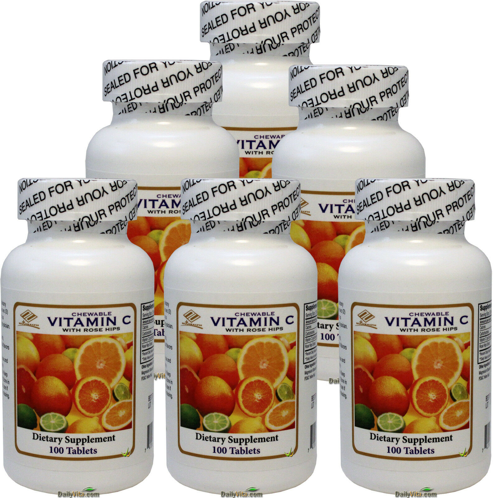 6 x Natural Vitamin C + Rose Hips Chewable 500mg 100 CT, FRESH, Made In