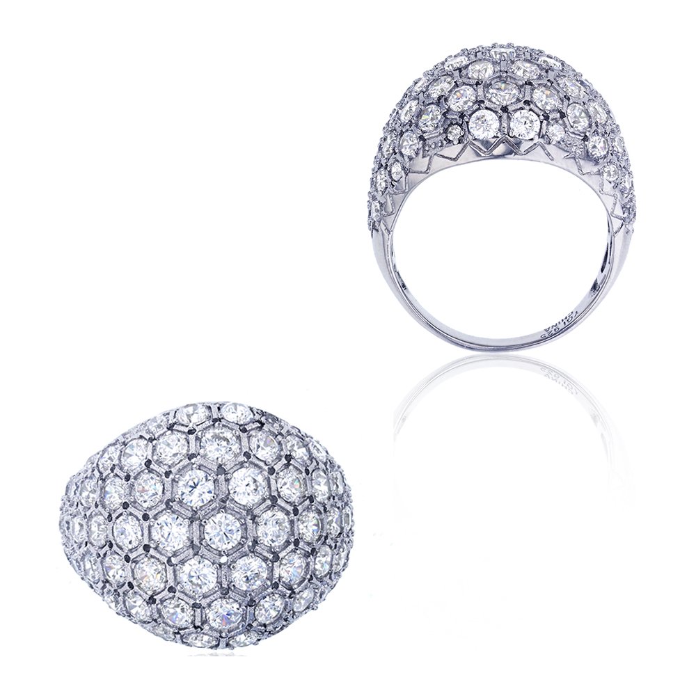 Sterling Silver Rhodium Micropave Multi-Row Dome Cubic Zirconia Ring