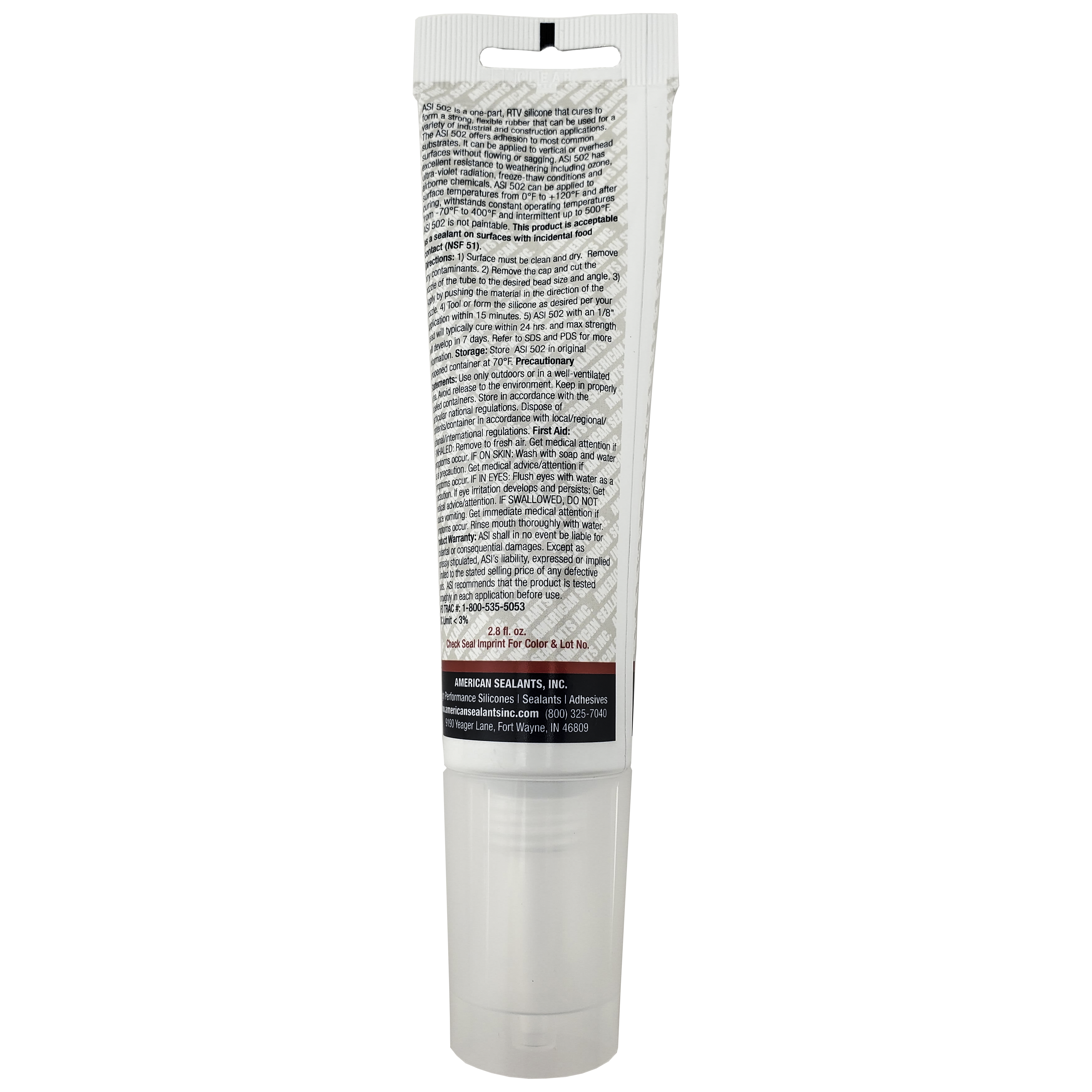 ASI 502 Food Grade RTV Silicone Sealant – White, 2.8 Oz Squeeze Tube – Waterproof & Strong