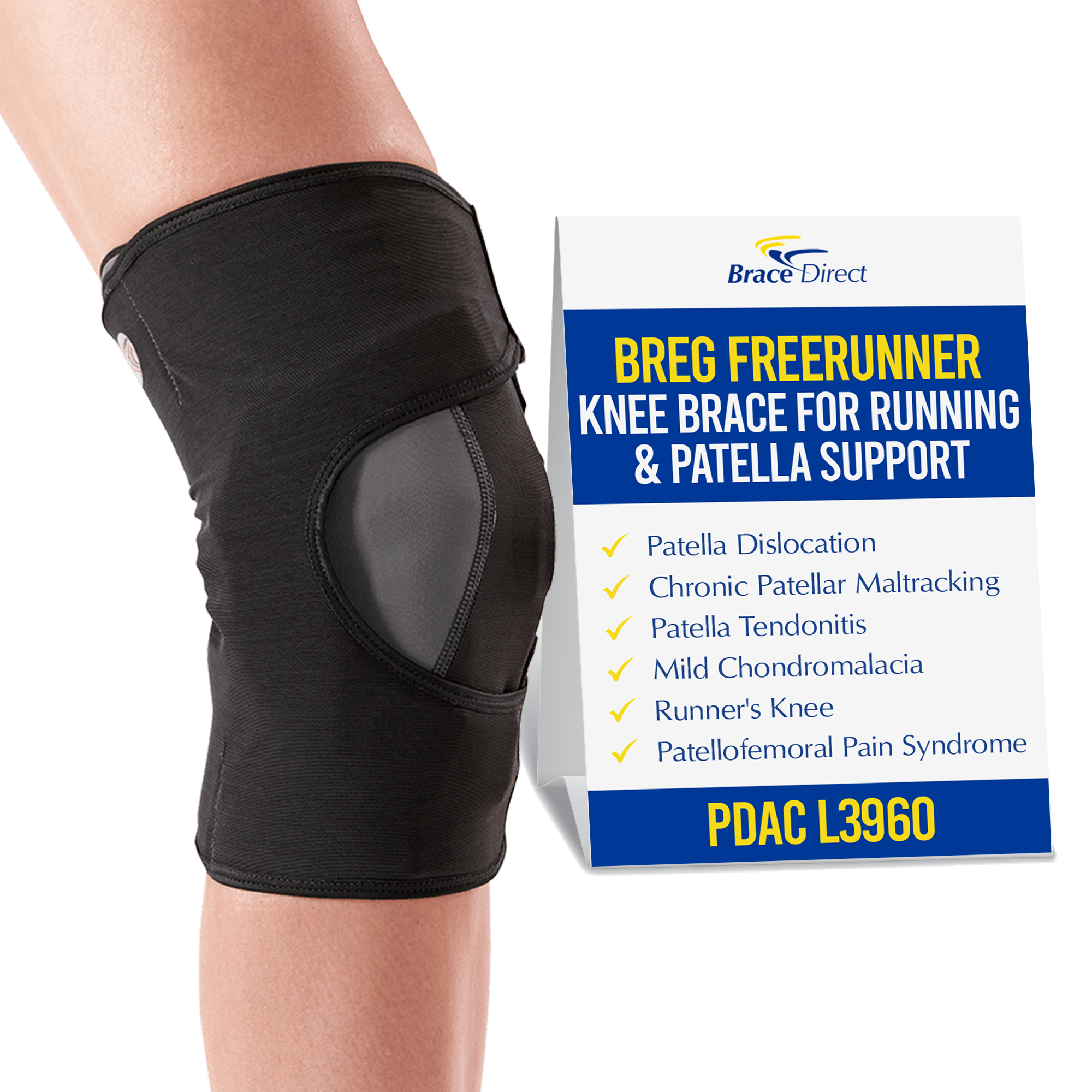 breg knee brace freerunner patella stabilizer tracking subluxation patella tendonitis maltracking chondromalacia patellofemoral runners running support athletic compression breathable lightweight low profile pain relief hinge adjustable buttress sports training L1820 rodillera patelar deportiva xxs petite left