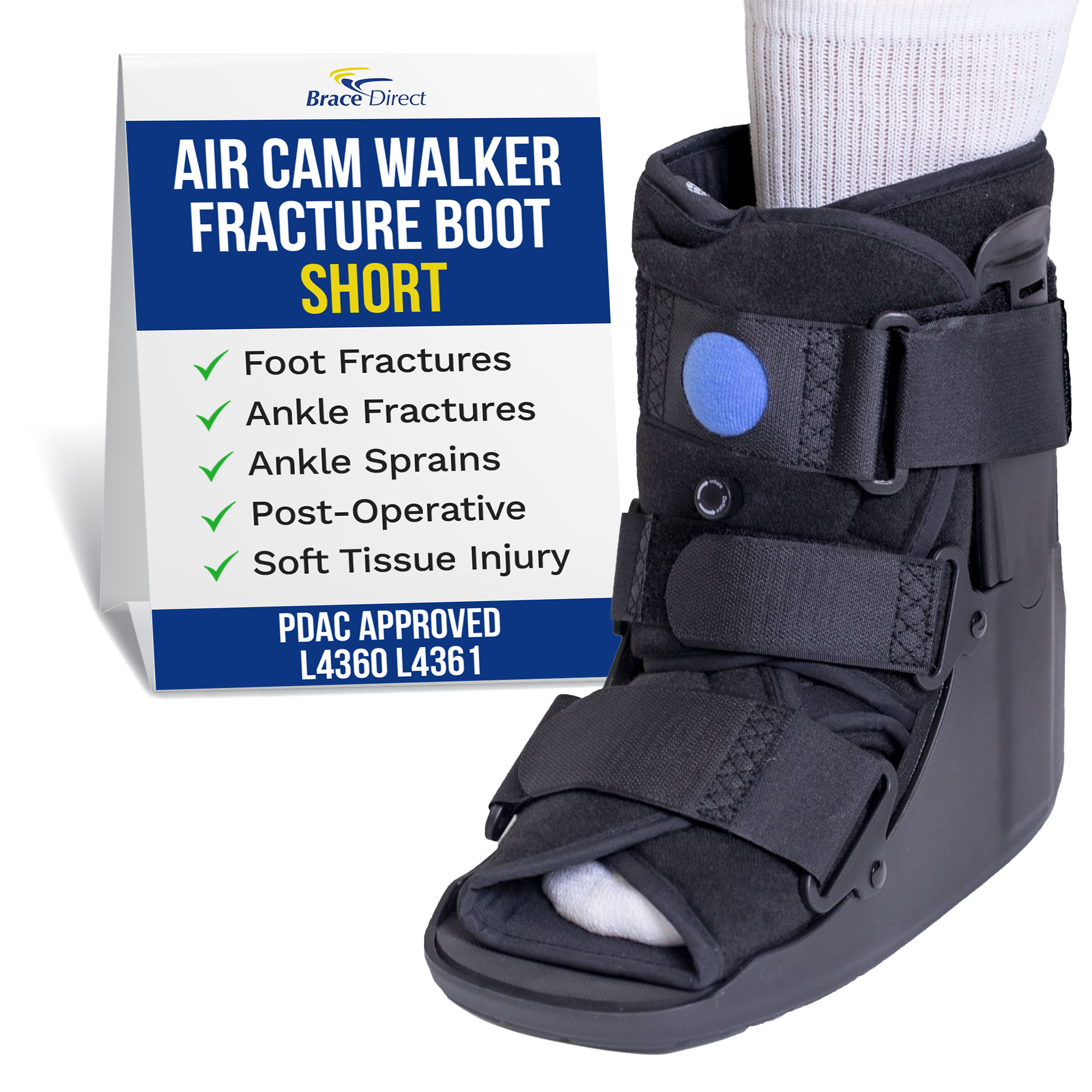 air cam walking boot sprained ankle broken foot fracture walker stabilization short low medical orthopedic surgical postop injury support recovery relief metatarsal pneumatic wide footbed men women left large