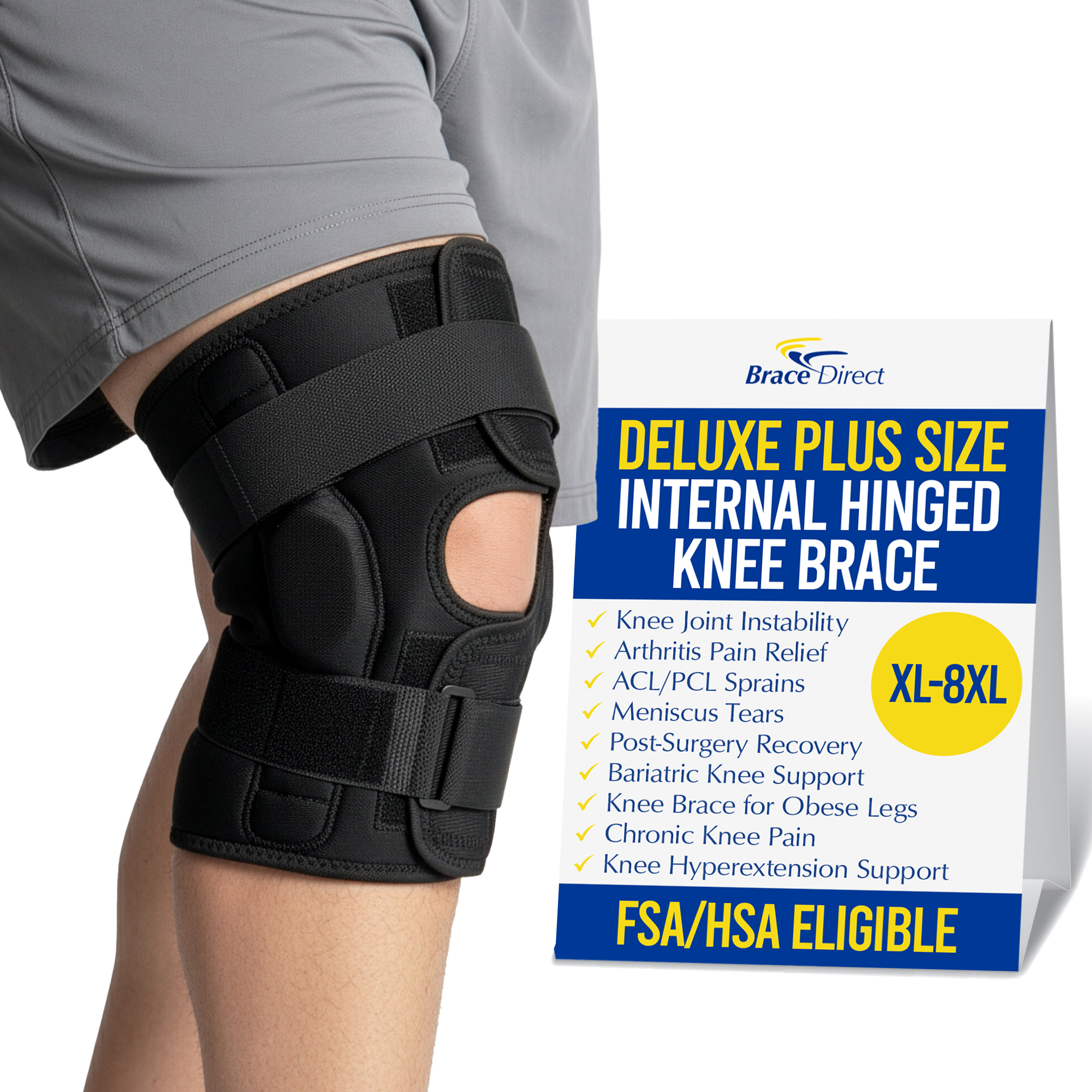 plus size knee brace bariatric support hinged rom large legs obese big thighs arthritis pain relief instability meniscus tear acl pcl sprain post op recovery non slip stabilizer 2xl men women fsa hsa left right