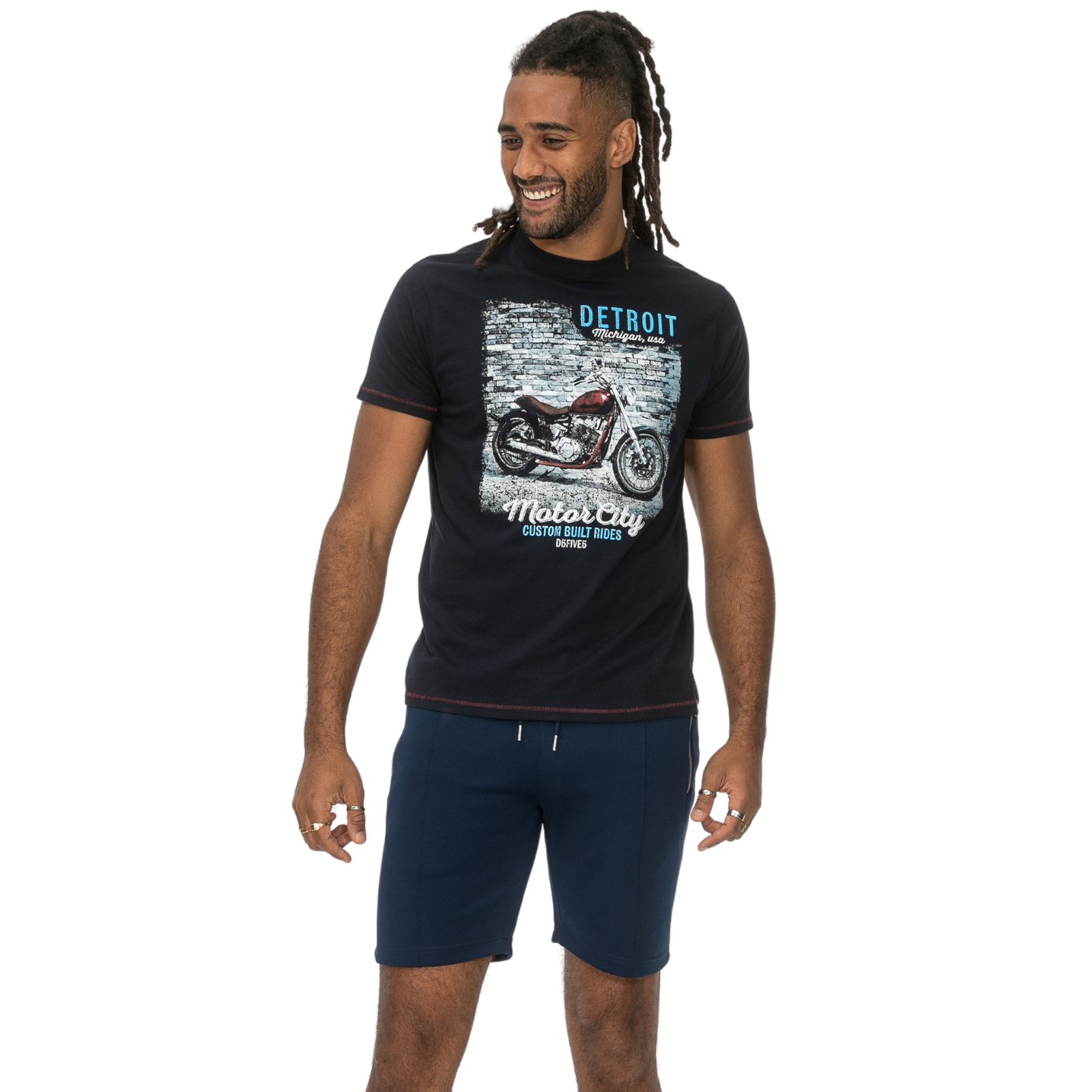 Men's Plus Size Graphic T-Shirt - Detroit Motorbike Print, Navy, Crew Neck, 100% Cotton, Big & Tall Sizing