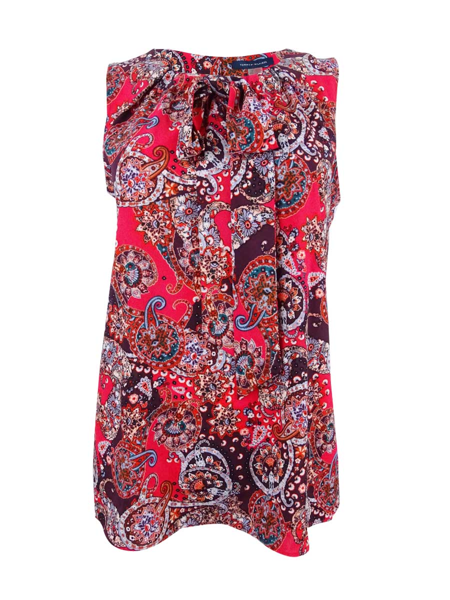 Paisley-Print Tie-Neck Shell Top 