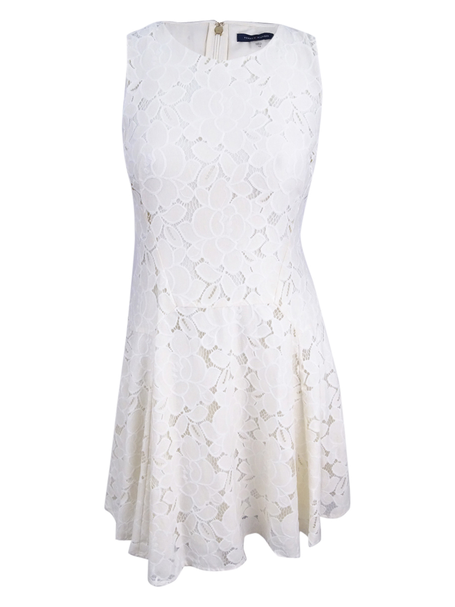 tommy hilfiger white lace dress Tommy Hilfiger Women's Lace-Trim Sheath Dress (4, Ivory)